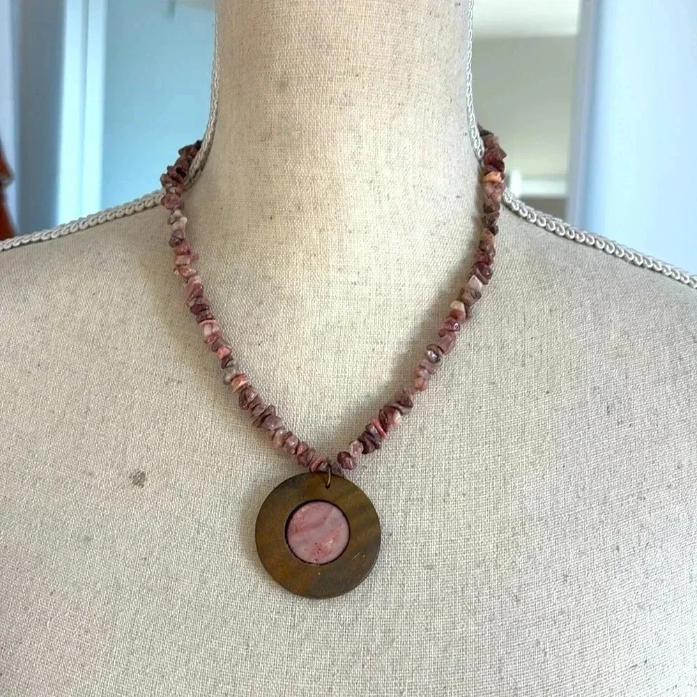 One Of A Kind Handmade Pink White Puka Shell Chip Bead Wood Necklace Made By Me! - Picture 5 of 12